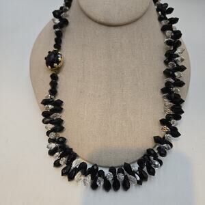 Vintage West Germany Black Clear Lucite Briolette Bead Gold Tone 22 In Necklace